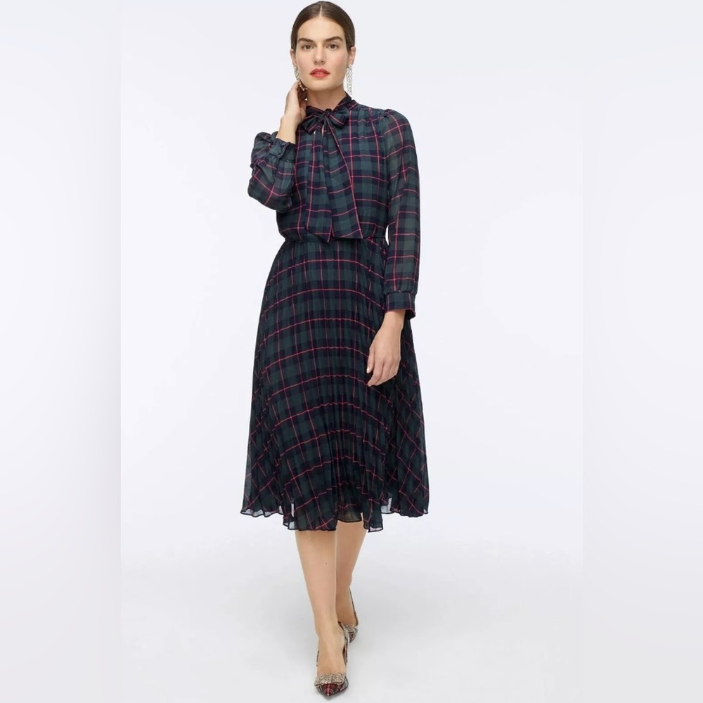 J. Crew Tie-neck Pleated A-line Dress In Black Watch Tartan
